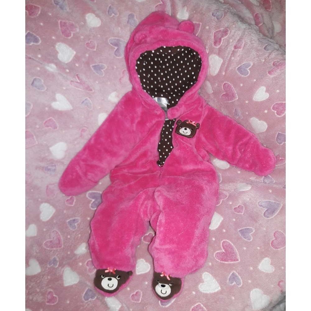 Fleece Onesie with Bear Hoodie & Footies 3-5M - Picture 2 of 5